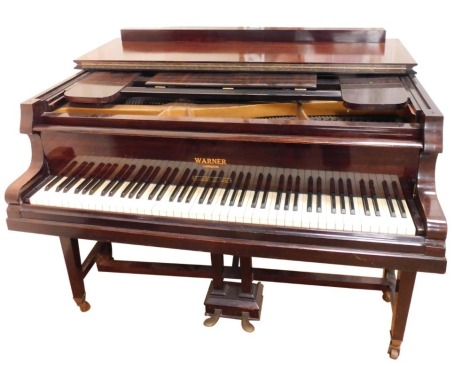 A Warner of London baby grand piano, retailed by Russell Acott of Oxford, No 17643 & 18794, serial no 3997, 96cm high, 133cm wide, 130cm deep at widest point, together with associated stool. (2)