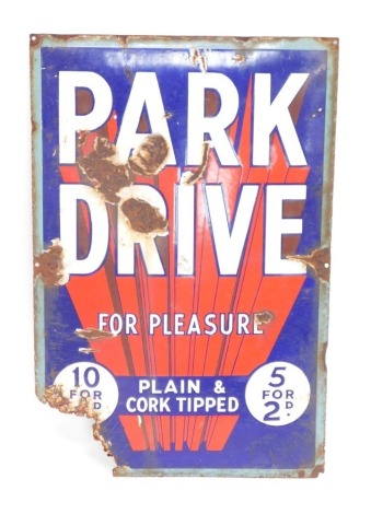 A Park Drive enamel sign, marked Park Drive For Pleasure, plain and cork tipped, with turquoise blue, red and white enamel, 77cm x 50cm. (AF)