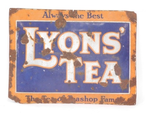 A Lyons Tea rectangular enamel sign, in a blue, orange and white enamel detail, 74cm x 98cm. (AF)