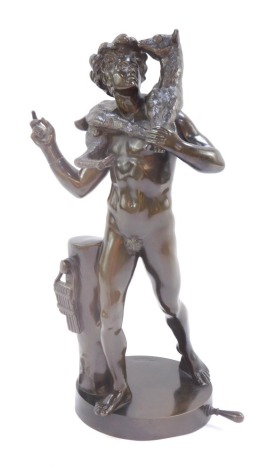 An Italian bronze sculpture of a gentleman, carrying a goat with pan pipes, foundry mark for Fonderia Nelli Roma, 37cm high.