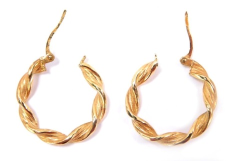 A pair of 9ct gold twist hoop earrings, 2.1g all in, 2cm drop.