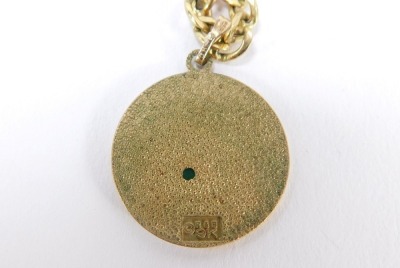 A Virgo constellation 9ct gold pendant and chain, the circular pendant with zodiac symbols stamped R & B 9k, 3cm high, on a curb link chain stamped JJ yellow metal stamped 375, 48cm long, 8.7g all in, boxed. - 3