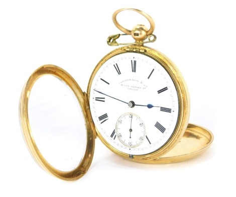 An 18ct gold Camerer Kuss & Co hunter pocket watch, with white enamel Roman numeric dial and seconds counter, with blue handles, marked 56 New Oxford Street, London, 94.6g all in.