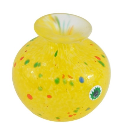 A Mdina art glass vase, on a yellow ground with multicoloured spot detail and central white panel with green flower detail, signed and dated 98, 7.5cm high.