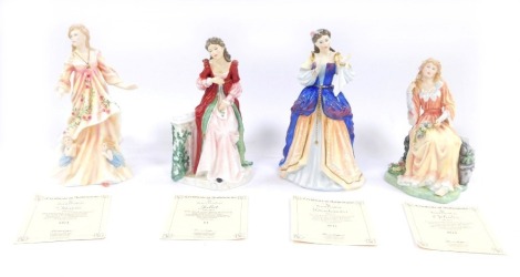 Four Royal Doulton Shakespeare Collection porcelain figures, comprising Titania HN3679, limited edition number 11/5000 with certificate, 23cm high, Juliet HN3453 with certificate, Ophelia HN3674, Desdemona HN3676 with certificate. (4)