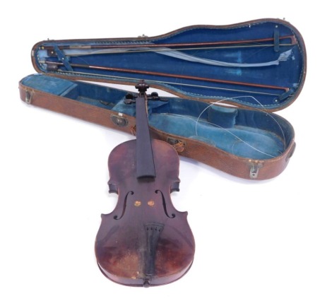 A two piece back violin, with two bows, both unmarked, in carry case. (AF)