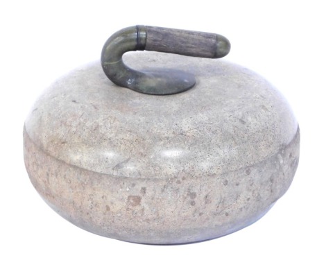 An early 20thC curling stone, with applies metal and antler handle, 20cm high, 28cm diameter.