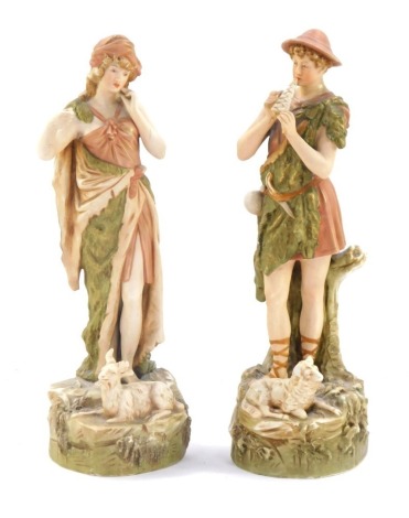 A pair of Royal Dux figurines, of lady and gentleman each with goat, with pink raised stamp to underside, 32cm high. (2, AF)