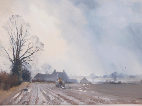 Marcus Ford (21stC School). Farming ploughing scene with tractor, oil on canvas, signed, 42cm x 86cm, in modern frame.