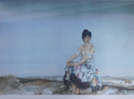 After William Russell Flint. Female perched on rock, limited edition print number 529/850, 46cm x 62cm, framed and glazed.