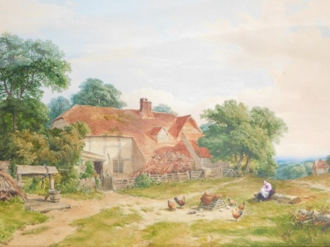 Henry Justum (1816-1869). Farmyard with mother and child and cockerels, signed and dated 1862, 32cm x 48cm, incorrectly attributed to frame, in gilt frame.