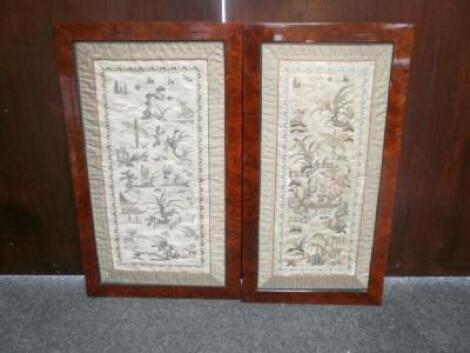 Two Chinese silk embroidery and gold braid panels decorated with pagodas