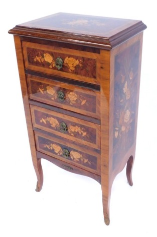 An Italian walnut and floral marquetry chest of four drawers, the rectangular top above four drawers each with brass handles, 87cm high, 44cm wide, 31cm deep.