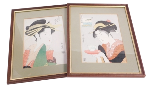 A pair of Japanese prints, each depicting Geisha, signed, 28cm x 19cm.