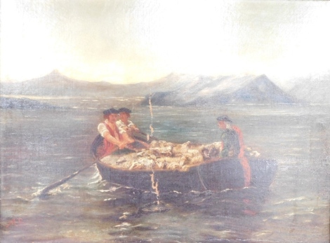 M B (19thC School). Three figures and sheep in rowing boat, mountains in foreground, oil on canvas, signed bottom left, 37cm x 50cm, in gilt frame.