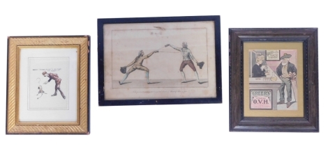 Three prints, comprising Greer's Imperial Liqueur Whisky, advertising poster, 20cm x 15.5cm, Braid - Square Stance and Smash It golfing print, 16cm x 12.5cm, and a 19thC fencing print, entitled 'Salute Previous To Exercising The Ornamental Parades and Thr