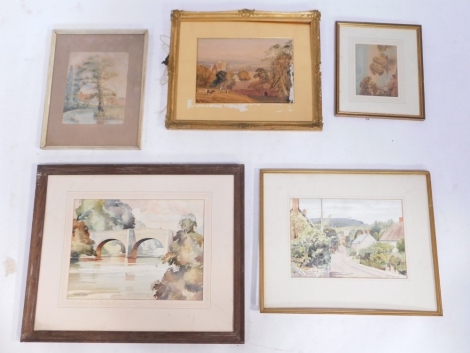 Five 20thC and later watercolours, comprising lake scene with trees, 15cm x 19cm, unsigned, N W. The Canal West Retford, signed, 28cm x 21cm, church and cattle scene, unsigned, 25cm x 33cm, framed, Edward S Billen. Bridge and river scene, 33cm x 43cm, sig