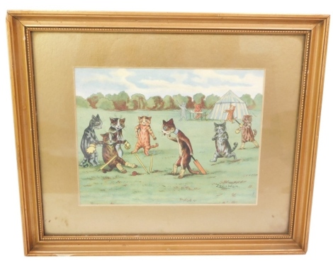 After Louis Wain. Cats playing cricket, print, 14cm x 17cm, framed and glazed.