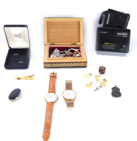 A group of costume jewellery and effects, comprising a Seiko gent's wristwatch, a La Creminant, Sony Walkman player, gent's cuff links, a silver black and agate tin badge, etc. (a quantity)