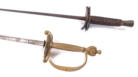 Two swords, comprising a fencing foil with string handle, 112cm long, and a Victorian court sword with gilt wire handle, 93cm long. (2)