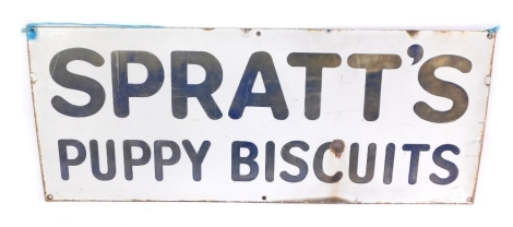 A Spratt's enamel sign, Spratt's Puppy Biscuits, on white ground with blue writing, 76cm x 30cm.