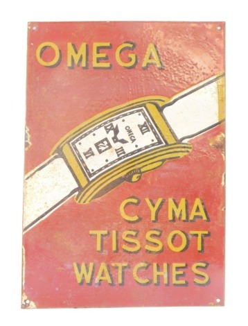 A tin painted advertising sign, marked Omega Cyma Tesso Watches, on a red ground with white and yellow watch, 51cm x 36cm.