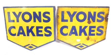 Two Lyons Cakes enamel advertising signs, one with hanging bracket, diamond shaped with blue border and yellow backing, 45cm wide. (2)