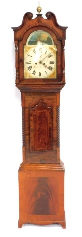 A 19thC mahogany longcase clock, the dial painted with ships marked Henry Goodwin of Newark, with eight day movement, above single door with barley twist column supports, 195cm high, 49cm wide, 22cm deep.