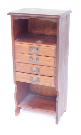 An Edwardian mahogany music cabinet, the open shelved top above four drawers, with rococo handles, 100cm high, 48cm wide, 32cm deep.