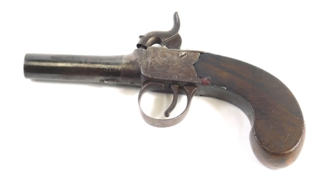 A 19thC percussion boxlock pistol, with tooled silver floral decoration with a plain polished handle, 18cm long.