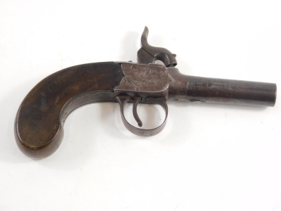 A 19thC percussion boxlock pistol, with tooled silver floral decoration with a plain polished handle, 18cm long. - 2