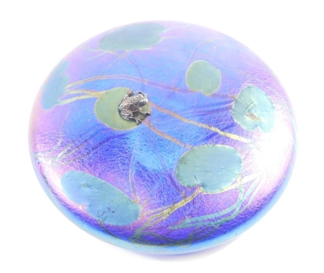 A Glasform paperweight, by John Ditchfield, lily pad design with metal frog, signed with label beneath, 13cm diameter.