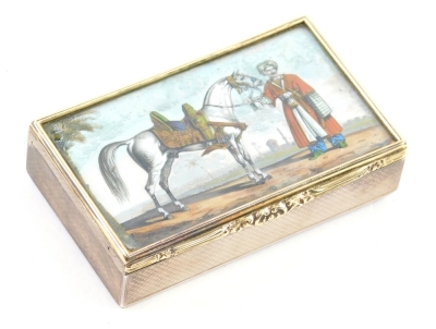 A George IV silver gilt and painted snuff box, by James Naismith of Edinburgh, with engine turned design, plain silver gilt interior, elaborate thumb mould scroll handle, the lid delicately painted with a glass miniature of Napoleon's Marmaduke, Edinburgh