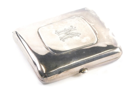 A Victorian silver cigarette case, with curved body, silver gilt interior and initialled lid, London 1894, 8cm wide, 3.8oz all in.