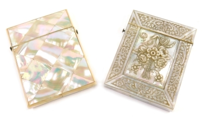 A Victorian mother of pearl card case, the rectangular body raised with flowers, with further floral and scroll panels, 11cm high, and a further mother of pearl card case with a diamond arrangement. (2)