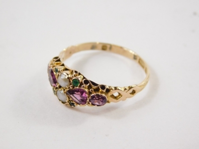 A Victorian 15ct gold ring, set with two pearls, small green and purple stones, size O, 1.5g all in. (cased) - 2