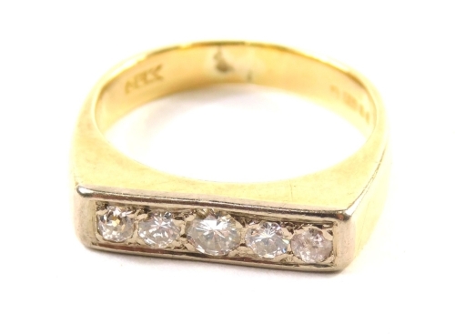 An 18ct gold five stone diamond dress ring, angular setting, size N, 6.3g all in.