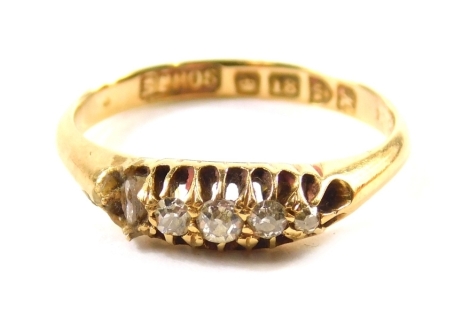 A George V 18ct gold and diamond ring, set with small stones, on a part pierced shank, Chester 1922, size J, 1.9g all in. (AF)