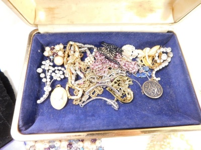 Various costume jewellery and effects, jewellery box containing various paste brooches, floral example 5cm wide, Avon bracelet, cameo brooch, shoe brooch, pierced mask fob, polished gold coloured band, cameo ring, other costume rings, butterfly ear stud, - 2