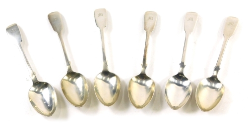 A set of six Victorian silver teaspoons, by Henry Holland, fiddle pattern, each with M initial engraved to handle, London 1841, 4oz.