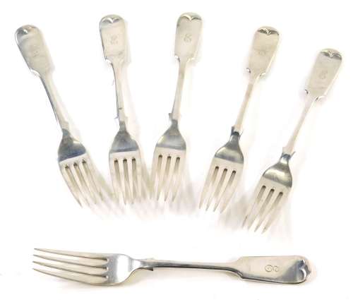 A set of six George V silver dinner forks, by Elkington and Co, fiddle pattern each with E initial engraved to handle, Birmingham 1912, 14¼oz. (6)