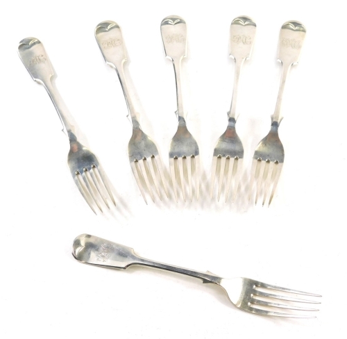 A set of six Victorian silver dinner forks, fiddle pattern, initialled, Sheffield 1897, 20cm long, 13.7oz. (6)