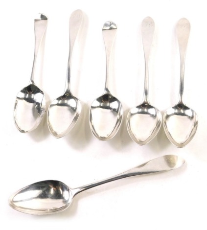 A set of four George III Scottish silver tablespoons, by Francis Howden, initialled handles, plain bowls, Edinburgh 1794, 22cm long, and two others, 7.8oz. (6)