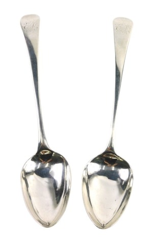 A pair of George III silver tablespoons, old English pattern, London 1802, 20cm long, 3.74oz. (2)
