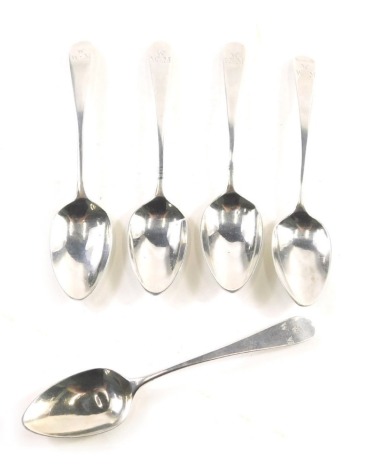 A set of five George III silver teaspoons, old English pattern, initialled, London 1805, 12cm long, 1.72oz. (5)