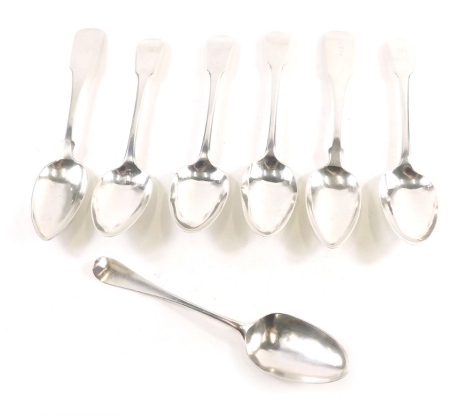 A set of four George III silver tablespoons, fiddle pattern, initialled, 24cm long, date letters rubbed, 7.4oz and three further spoons. (7)