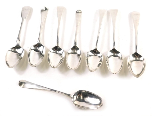 A George III silver table spoon, old English pattern, London 1785, 20cm long and 7 other Georgian silver spoons, 12.4oz. (8)