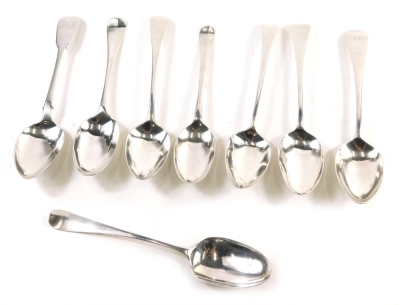 A George III silver table spoon, old English pattern, London 1785, 20cm long and 7 other Georgian silver spoons, 12.4oz. (8)