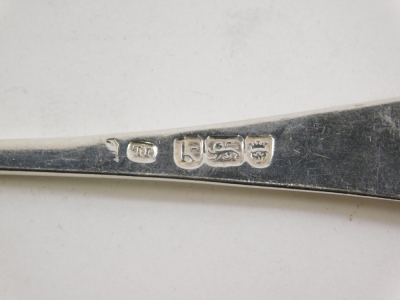 A George III silver table spoon, old English pattern, London 1785, 20cm long and 7 other Georgian silver spoons, 12.4oz. (8) - 2