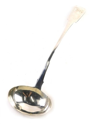 A George III silver ladle, by SH, fiddle pattern, initialled, London, 1816, 34cm long, 9.8oz.